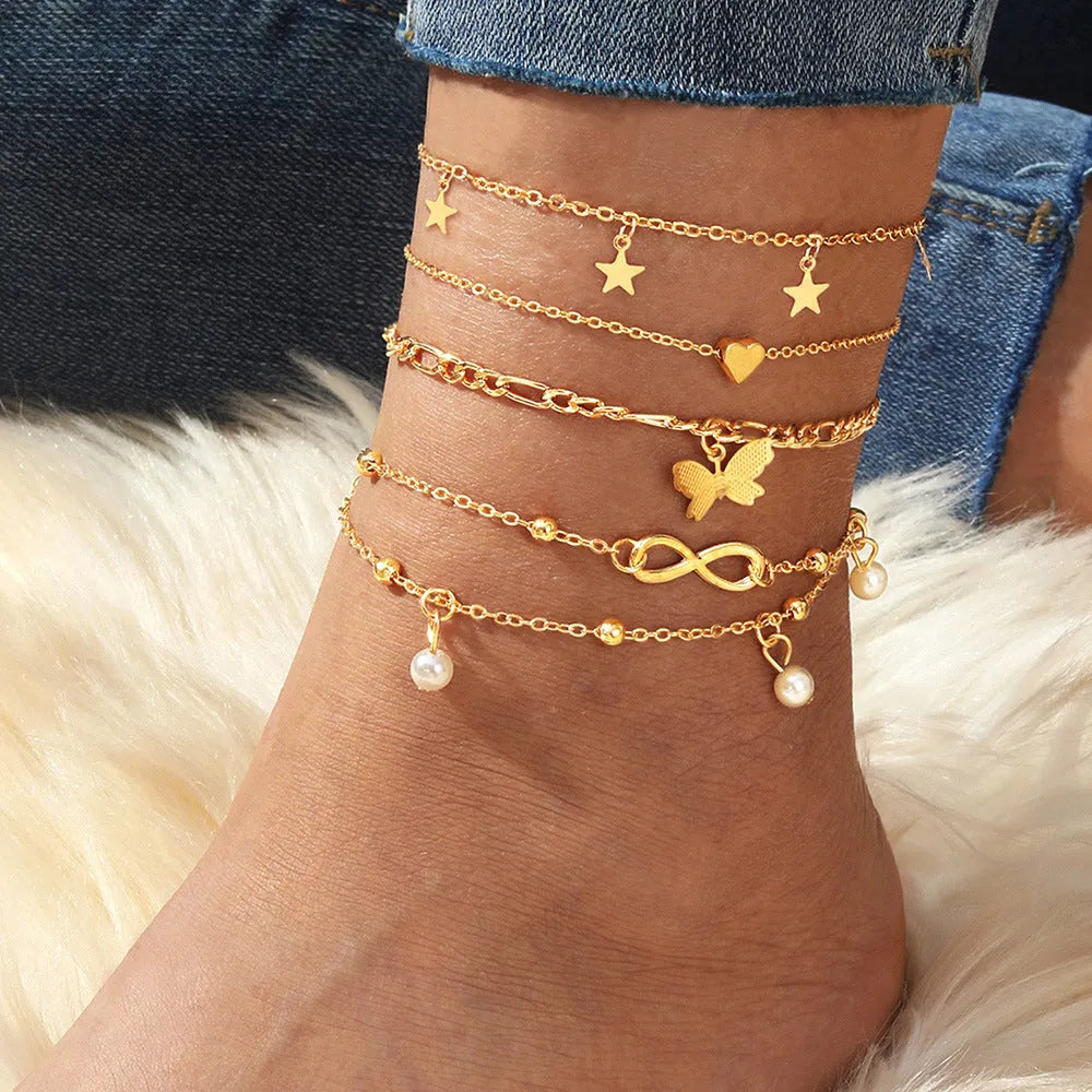 Butterfly pearl heart anklet 4-piece set women's alloy foot chain jewellery