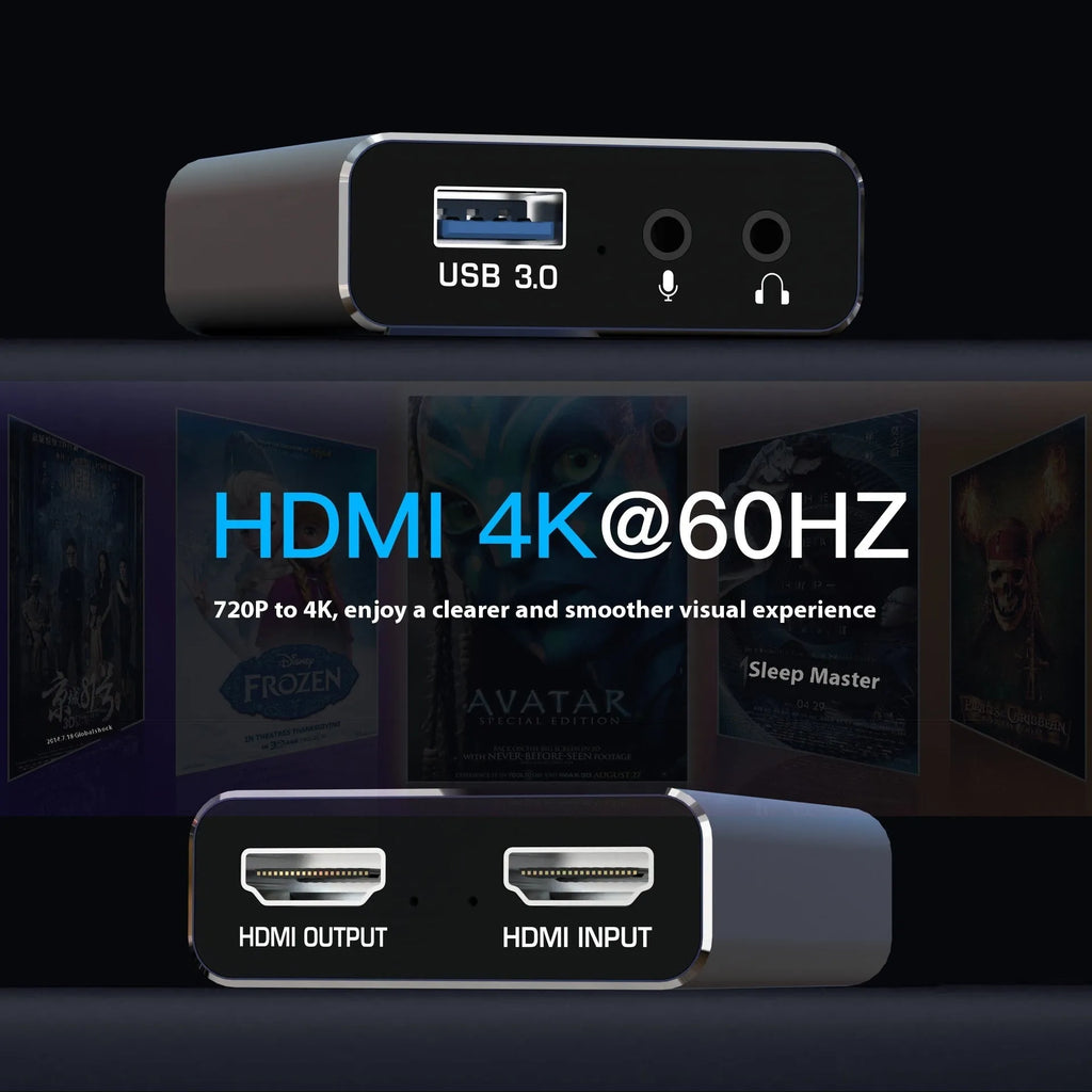 Black 4K set-top box audio recording device with USB data collector for 1080p capture