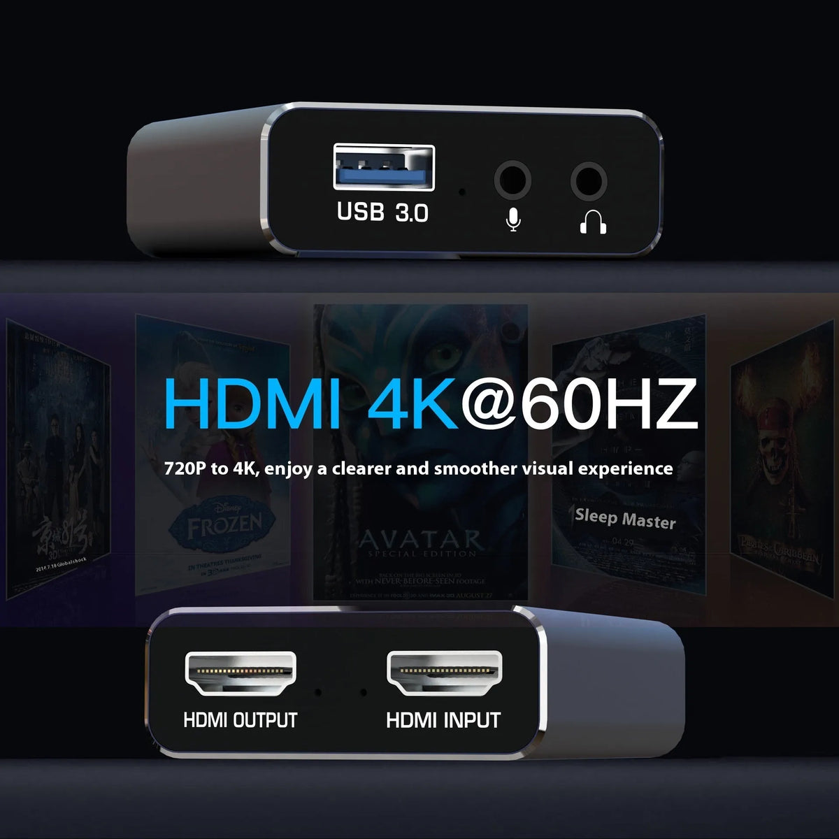 Black 4K set-top box audio recording device with USB data collector for 1080p capture