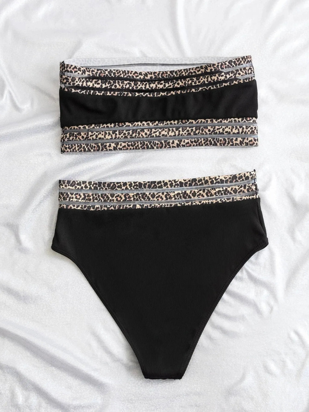 Black leopard pattern strapless two-piece swimsuit with bandeau top and briefs