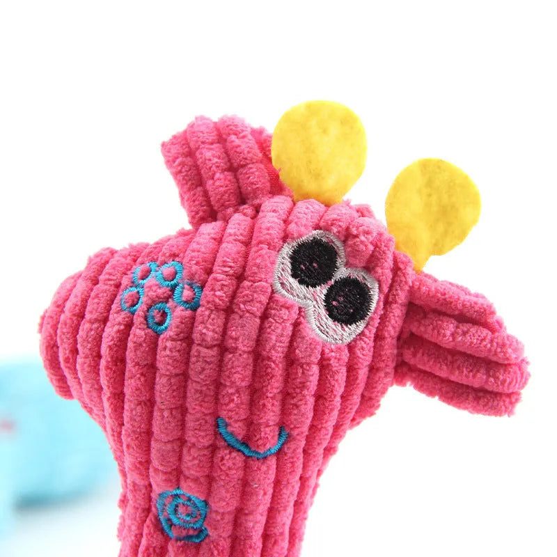 Blue deer-shaped plush pet toy with corn grain texture detail