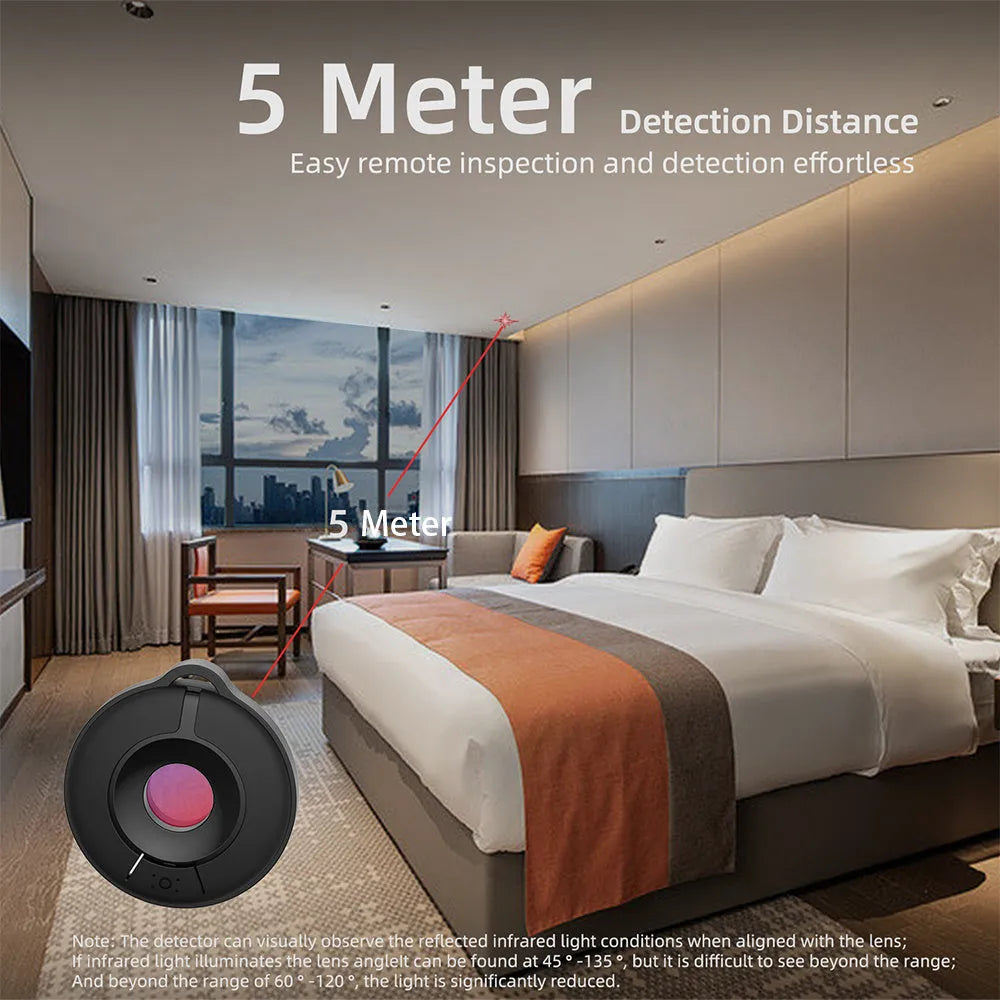 Compact infrared camera detector for finding hidden surveillance devices with a 5-metre range.