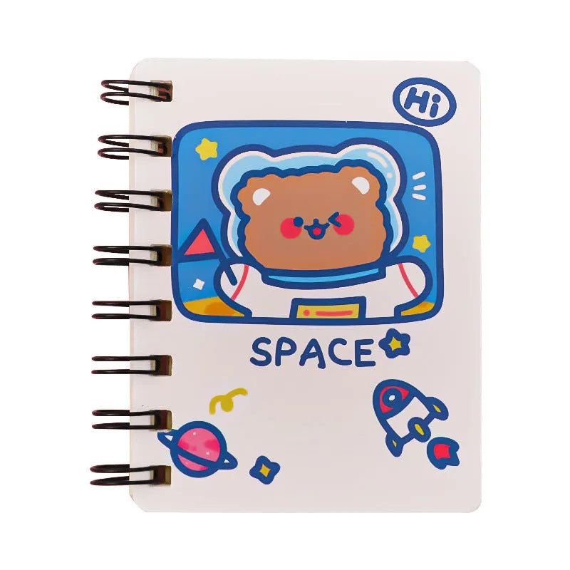 Astronaut portable pocket flipper notebook showing 10.5cm by 8cm dimensions with spiral binding