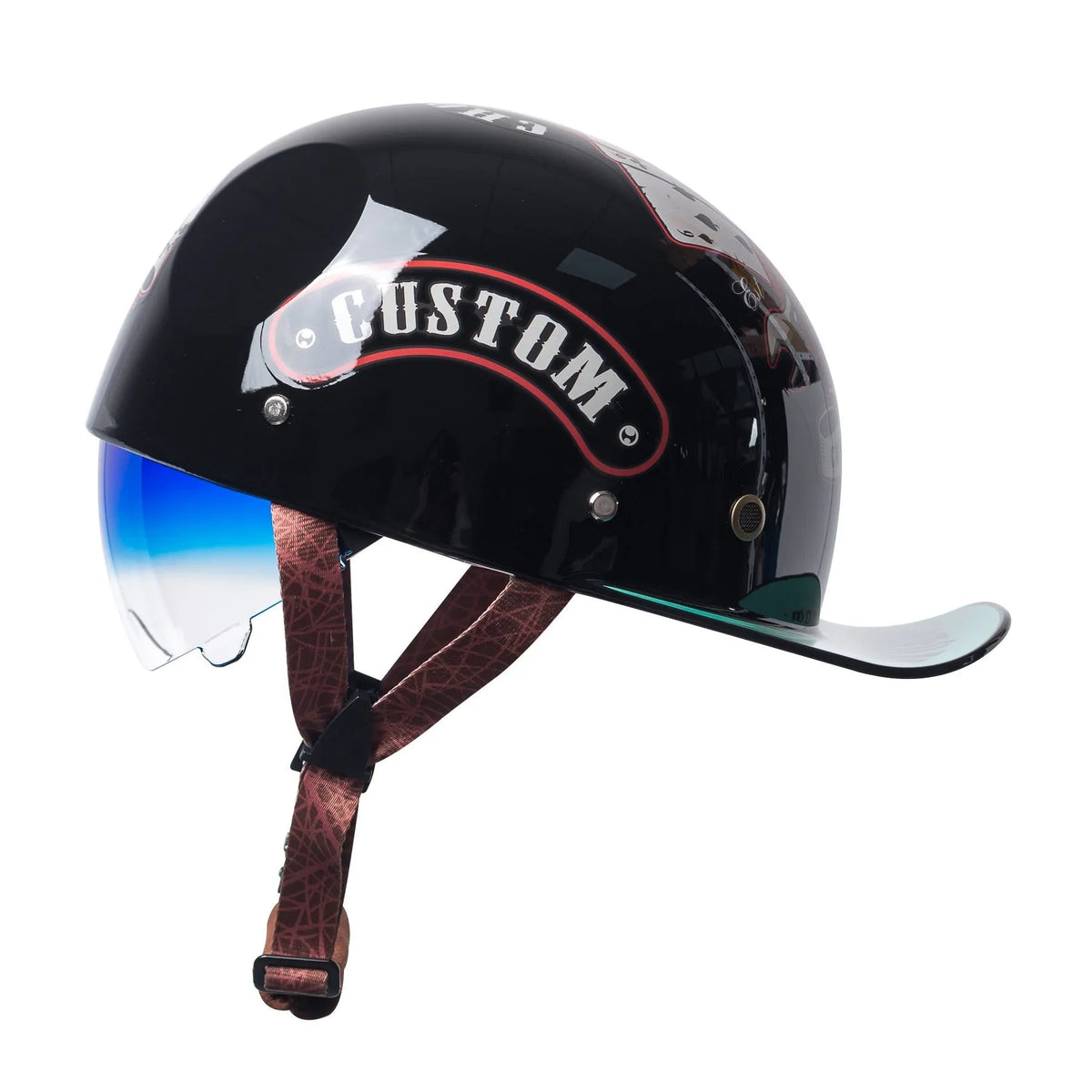 Men's retro electric bike half helmet in bright black gradient blue with matching lens.