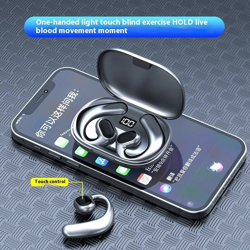 Black and white ear-mounted Bluetooth headset with digital display screen showing non in-ear design