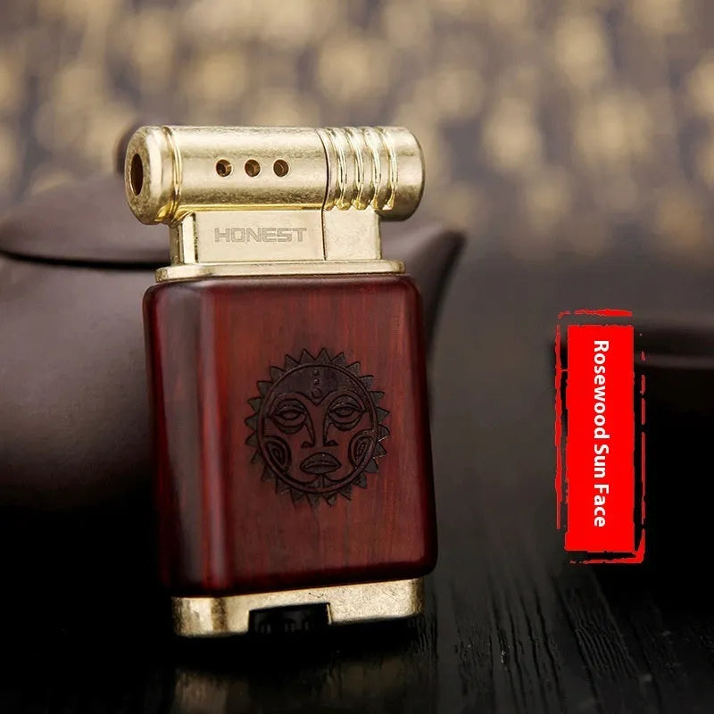 Ebony gas lighter with black wood and rosewood decorative surfaces