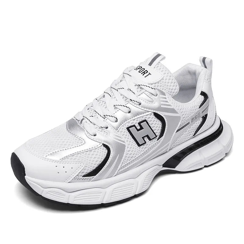 Men's black mesh casual running shoe with round toe and plastic sole