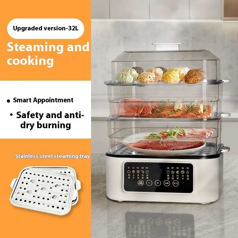 Stainless steel electric food steamer with 28-litre capacity and 800W power rating