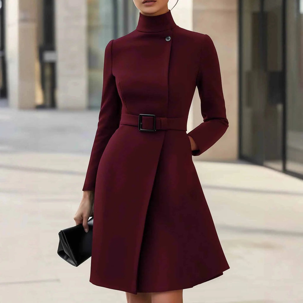 Women's long sleeve bohemian style dress with high waist and stand collar in black colour