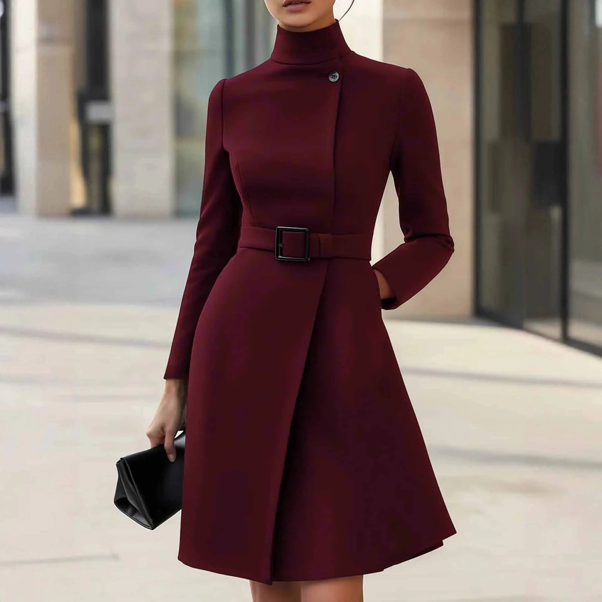 Women's long sleeve bohemian style dress with high waist and stand collar in black colour