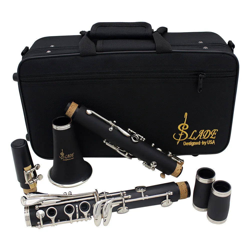 Black Bakelite 17-key beginner clarinet with nickel-plated keys and a carrying bag.