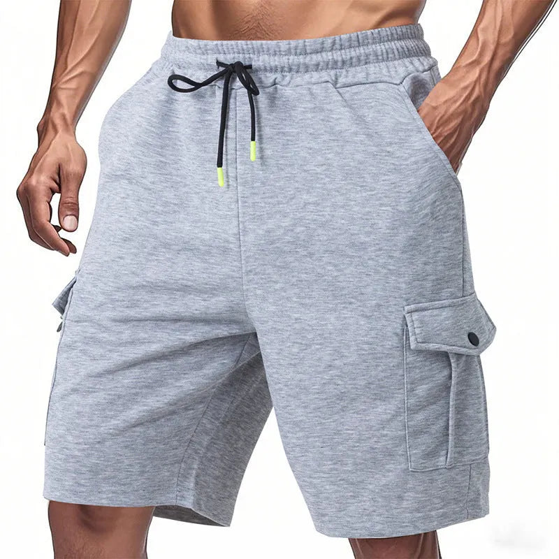 Men's terry fabric cargo shorts with multiple pockets in light grey colour
