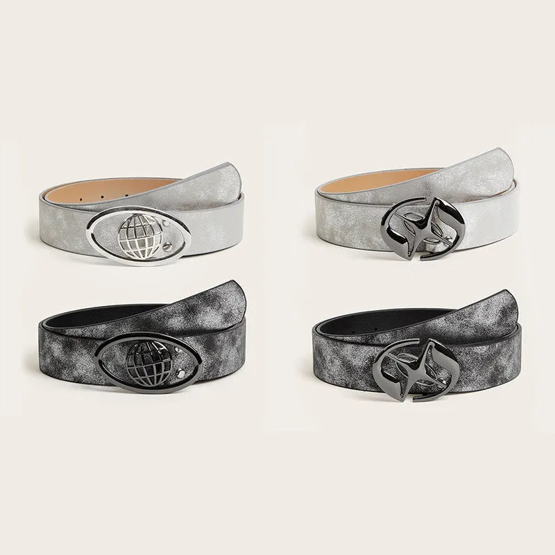 Retro women's belt with oval alloy buckle in thick grey-white PU leather