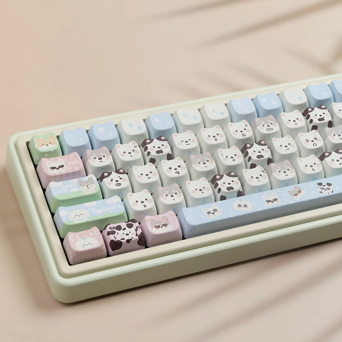 Full set of PBT keycaps with colourful sublimated cat and puppy designs for a mechanical keyboard.
