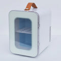 Pink mini refrigerator with transparent door showing 6L capacity and hot/cold dual-use function