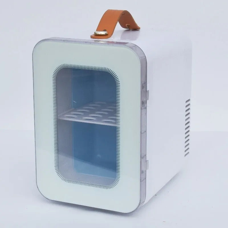 Pink mini refrigerator with transparent door showing 6L capacity and hot/cold dual-use function