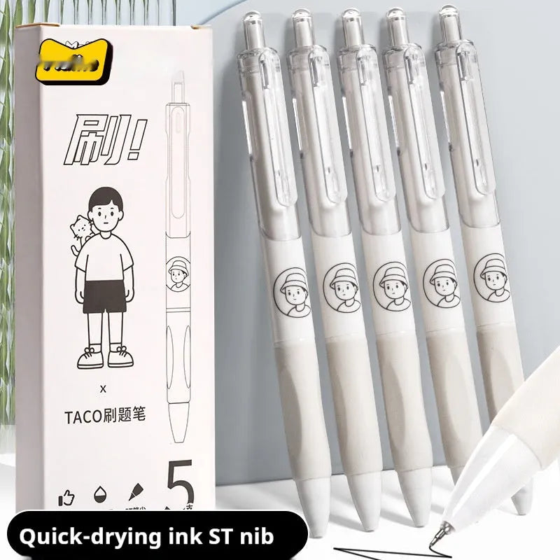 Five white plastic ballpoint pens with 0.5mm black ink tips for quick-drying writing