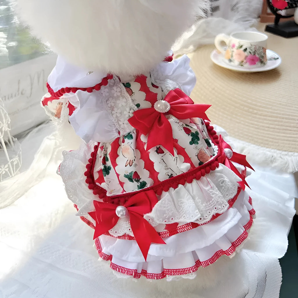 Princess style rabbit skirt dog dress made of polyester for small dogs, shown in sizes XS to XL.