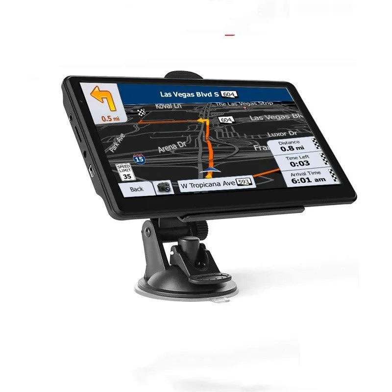 7-inch car GPS navigation device with touchscreen displayed on car dashboard with mounting bracket