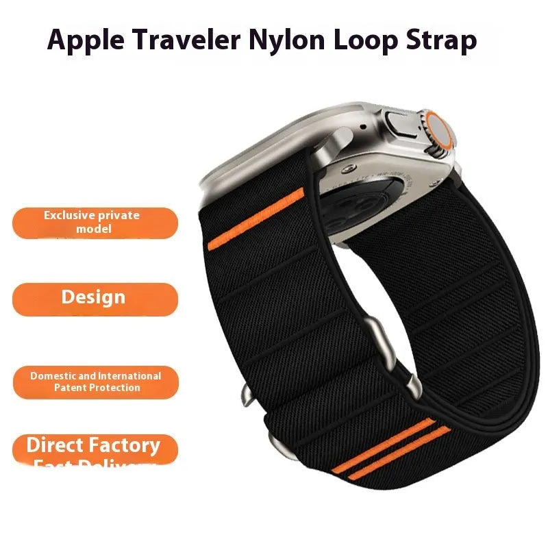 Elastic nylon Apple Watch compatible band with stainless steel buckle in sports style design