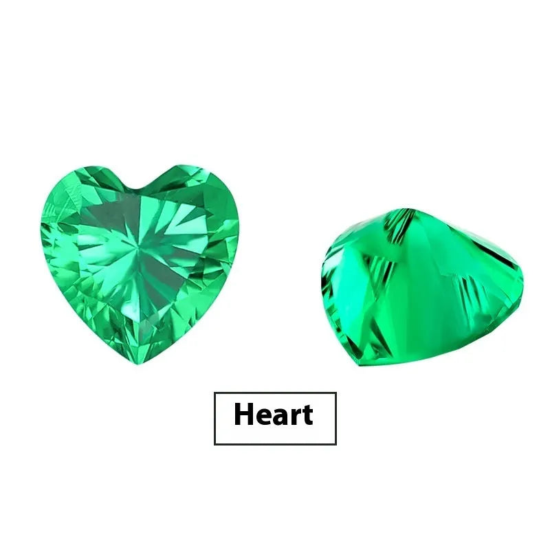 Synthetic Columbia green emerald gemstones in round and emerald cut shapes on white background