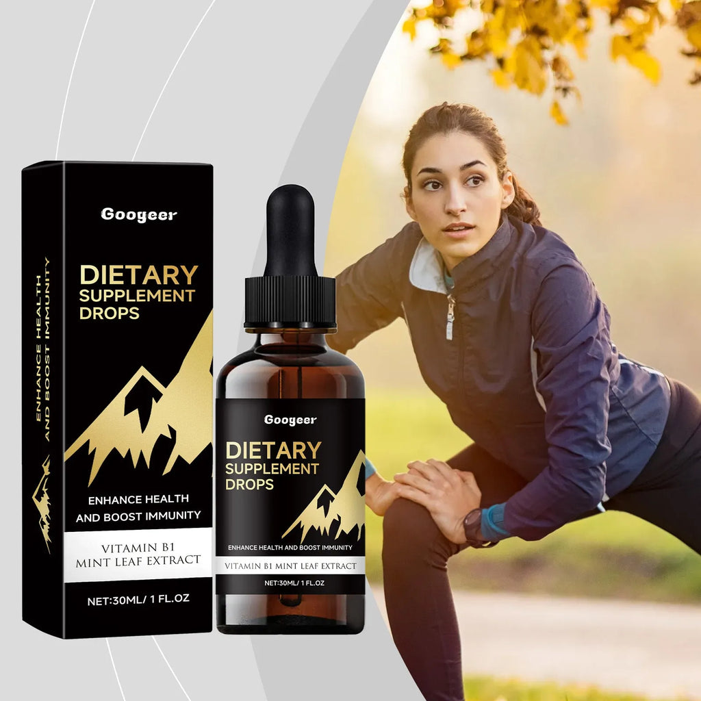 Glass bottle of amber liquid dietary supplement drops with a black rubber dropper top.