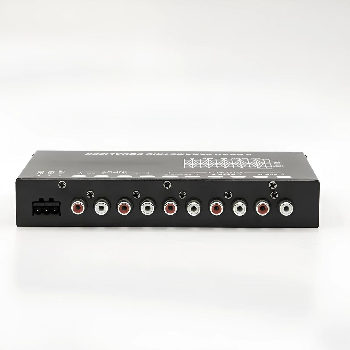 Black car audio EQ tuning amplifier with control panel for frequency and volume adjustment