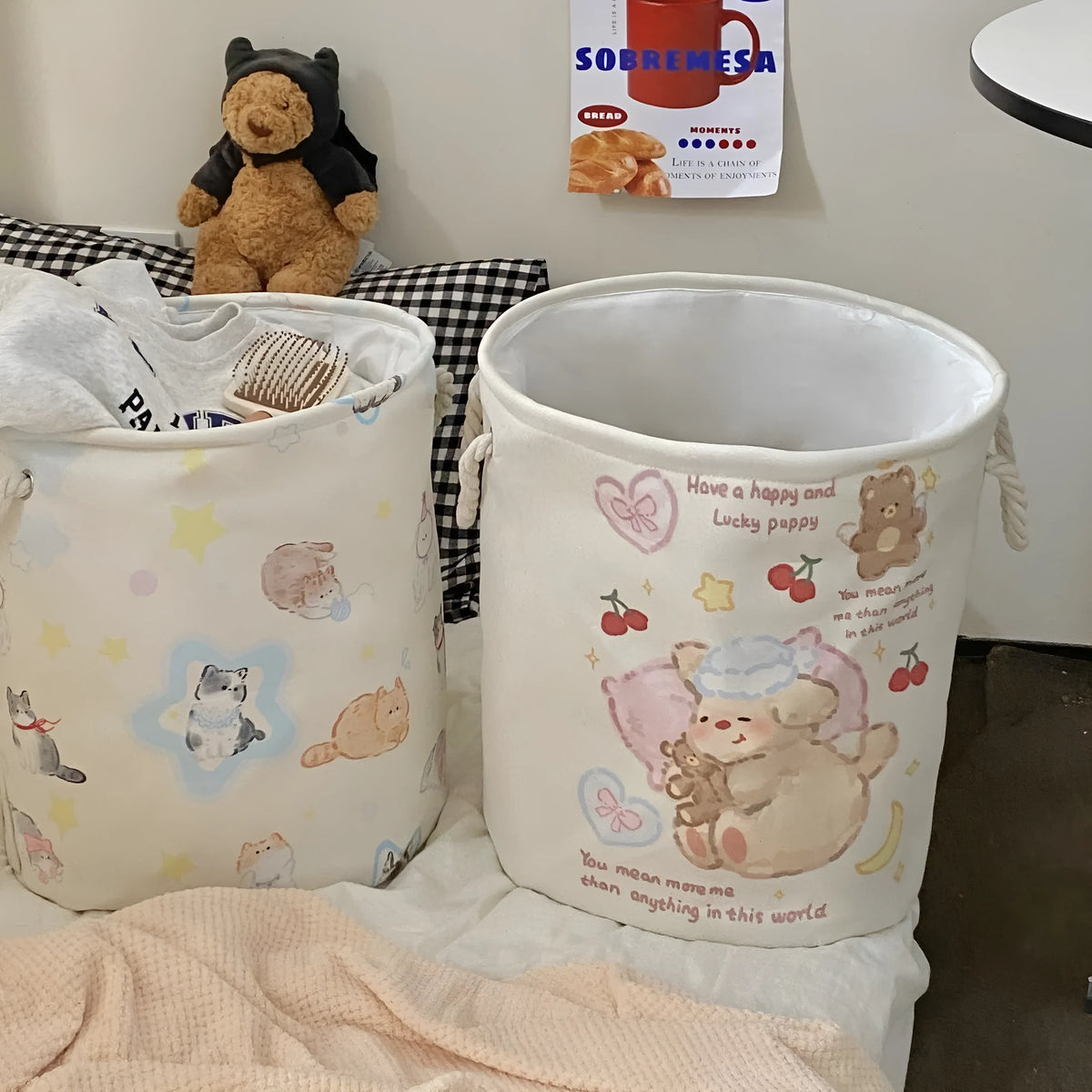 Foldable cotton laundry basket showing one of twelve colour designs for bedroom or bathroom storage