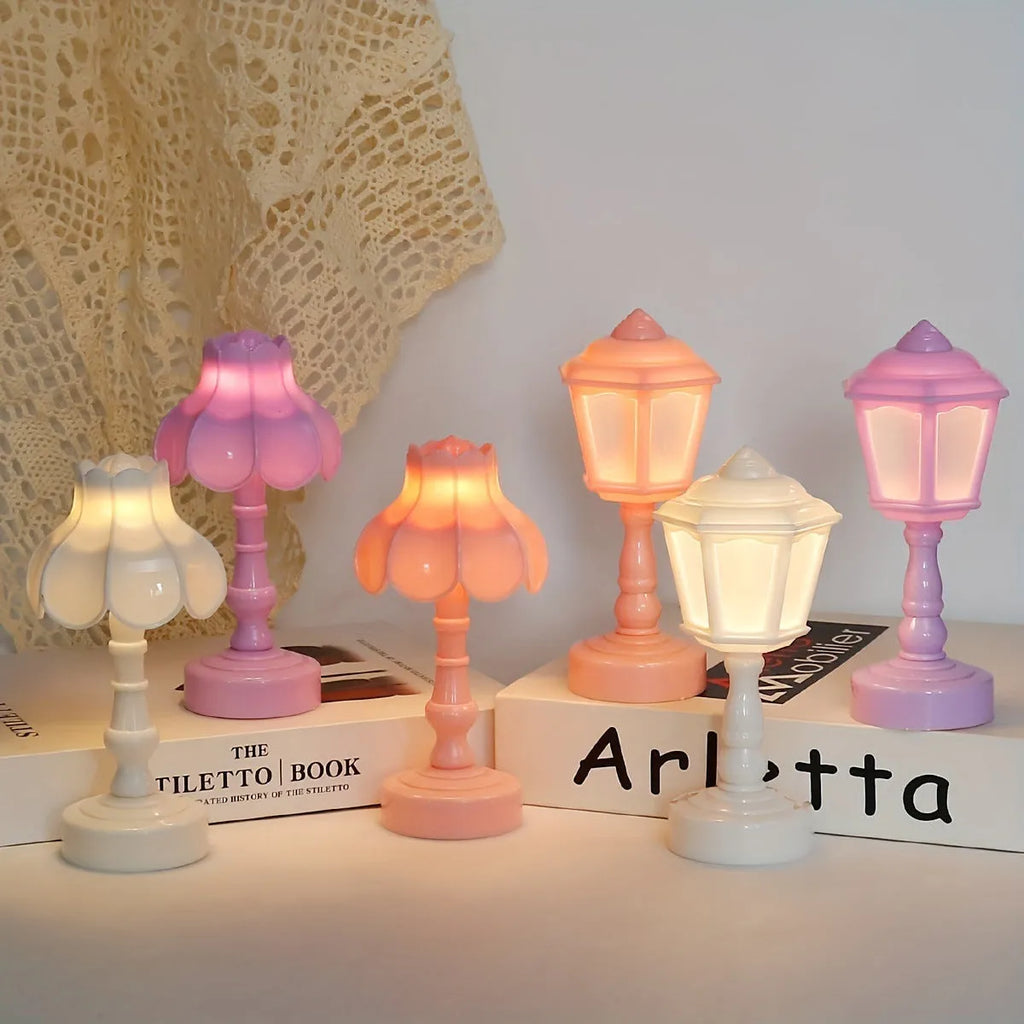 Retro pagoda shaped night lamp with geometric design in light purple colour option