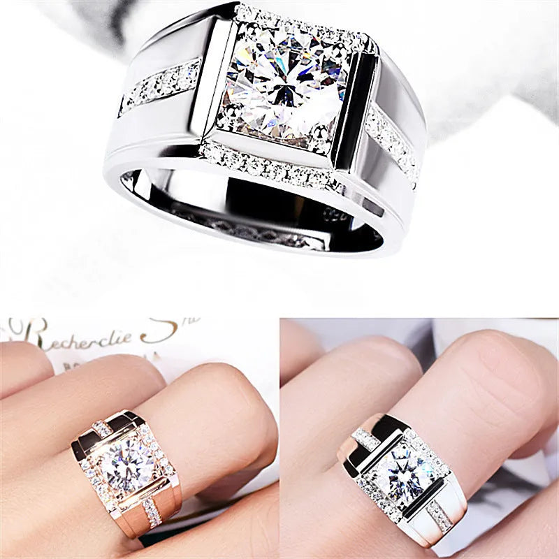 Men's adjustable imitation moissanite ring showing open mouth design and geometric diamond shape