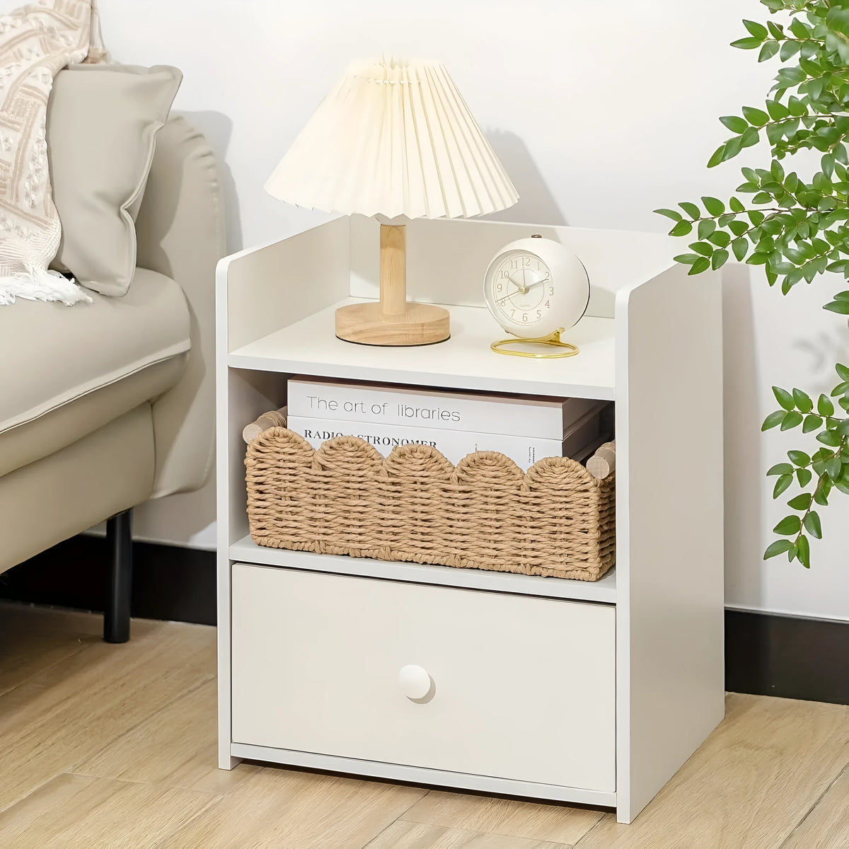 Woven paper storage basket in modern style for organising remote controls stationery cosmetics jewellery on desktop