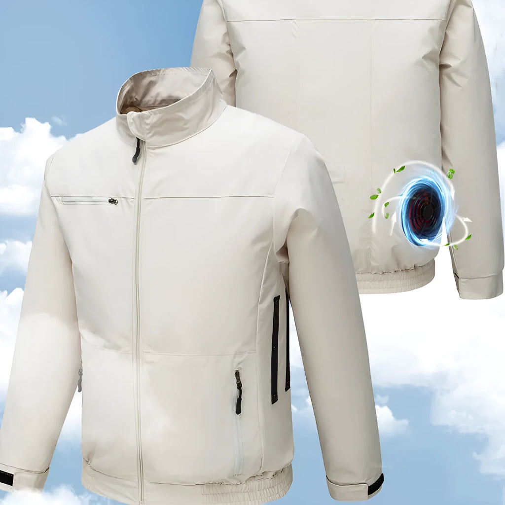 Men's black air conditioning jacket with multiple vent holes and integrated fan system for outdoor cooling.