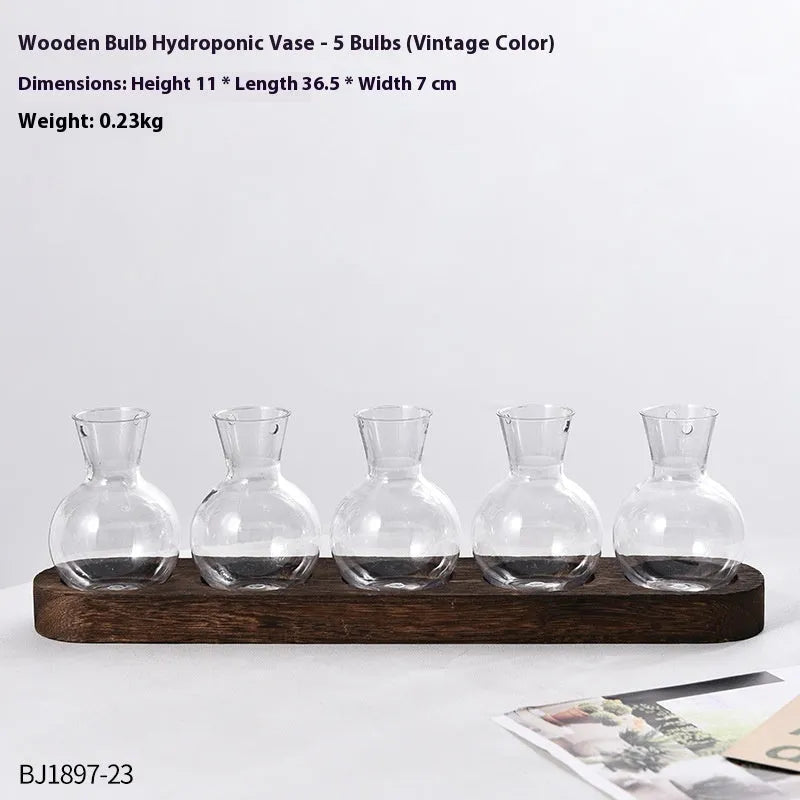 Wooden frame hydroponic vase decoration with transparent glass vases for indoor plants