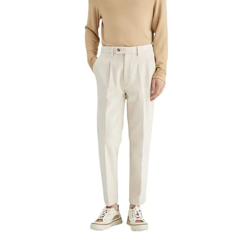 Corduroy straight-leg men's trousers in beige colour showing texture detail