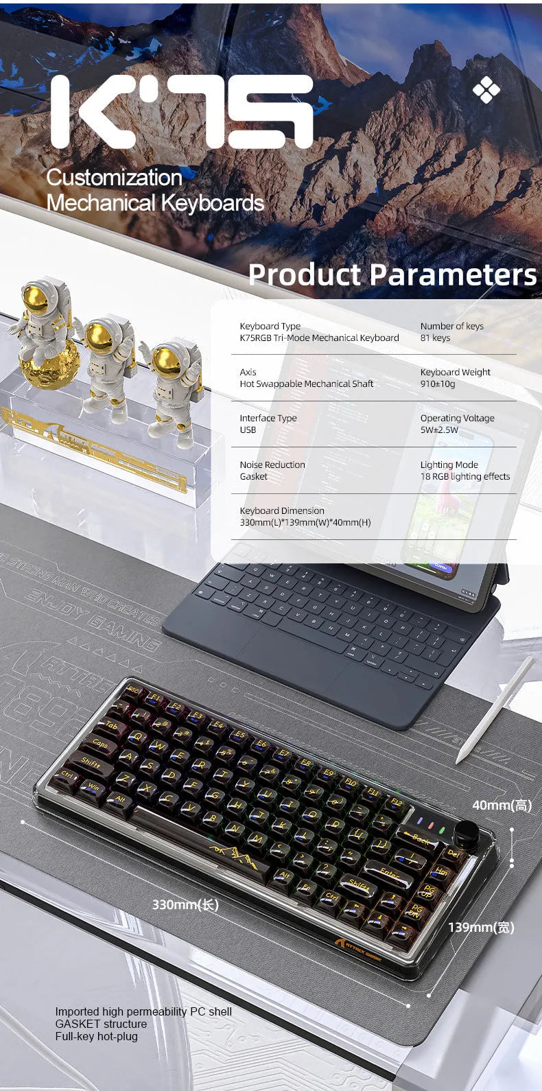Attack Shark K75RGB wireless mechanical keyboard with transparent white case showing RGB lights and gasket mount.