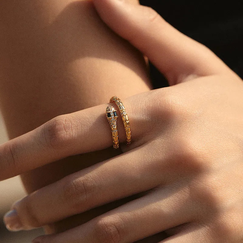 Adjustable copper snake ring with 18K gold colour plating and open mouth design