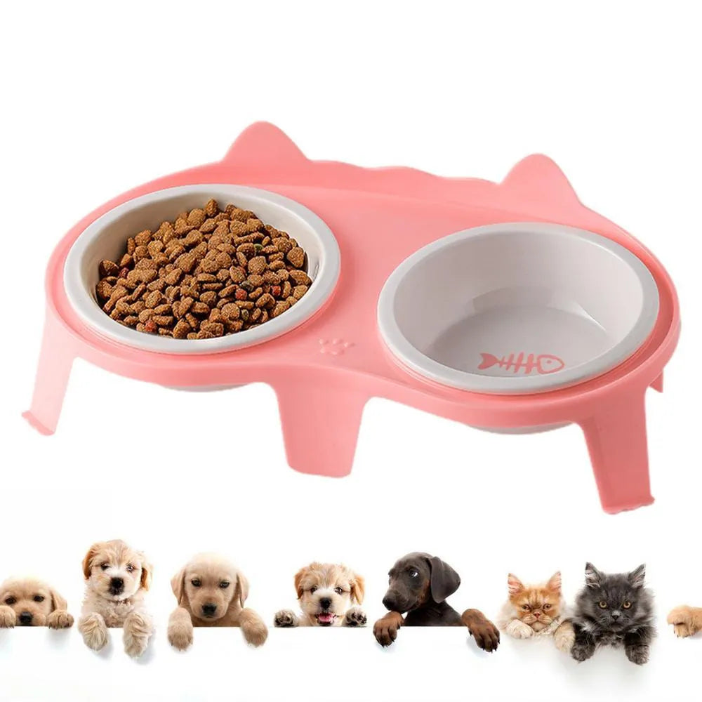 Ceramic elevated cat bowl set with tilted feeding platform on ABS stand in blue, pink, white, or yellow