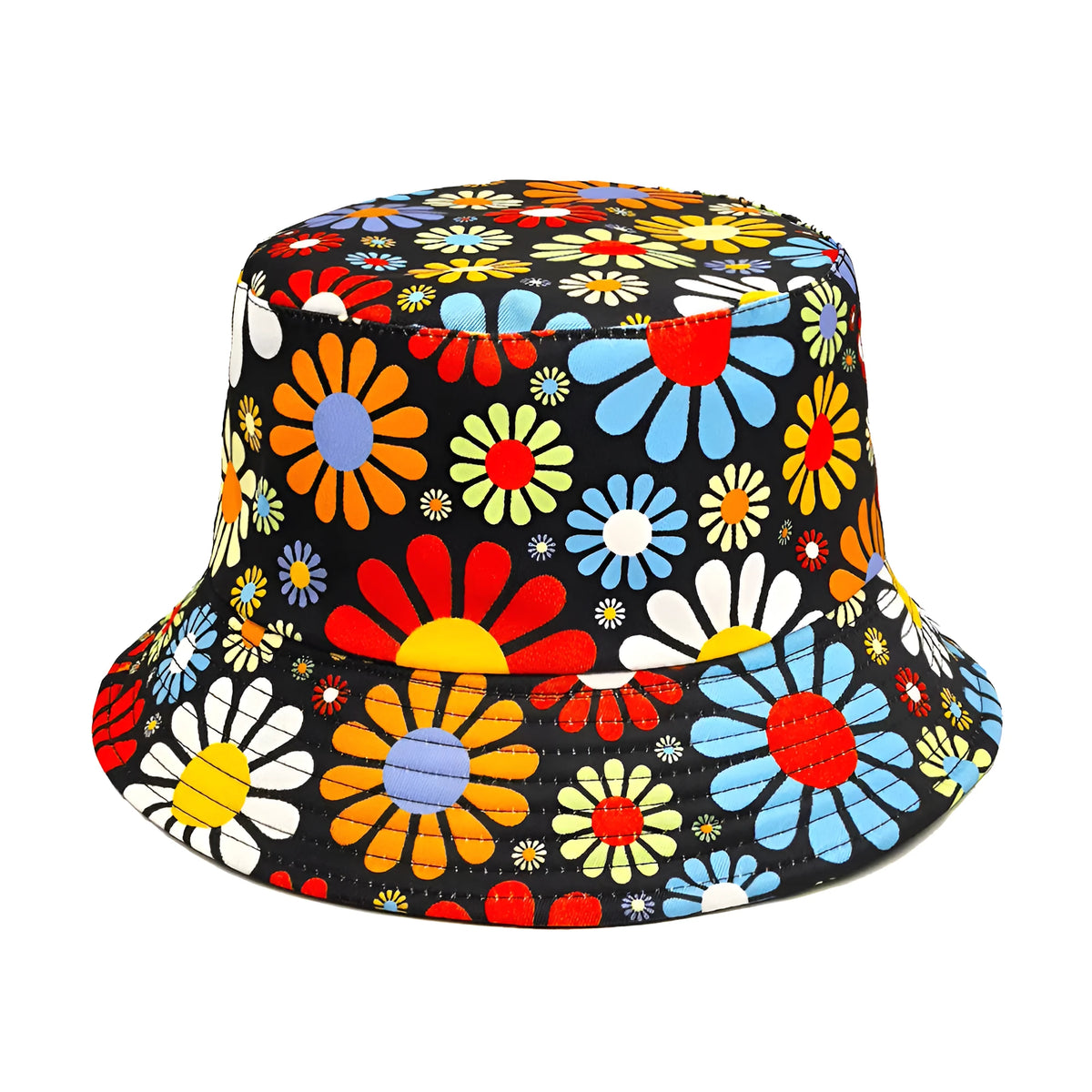 Polyester bucket hat with colourful flower pattern and dome crown