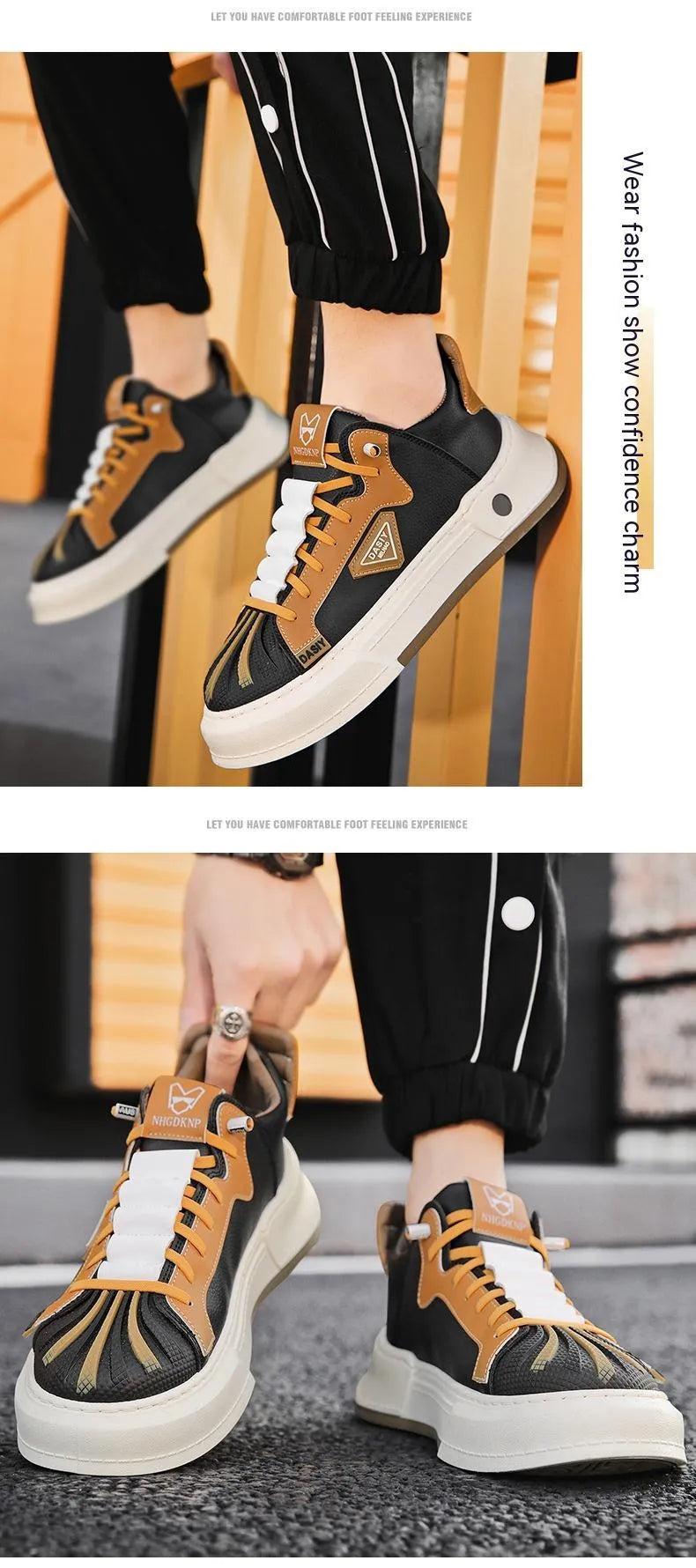 Men's beige low-top sneakers with elastic band fastening and round toe design