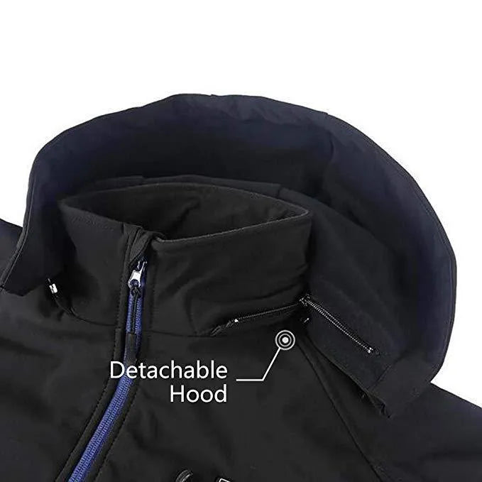 Black men's USB heated waterproof winter coat showing zipper pockets and long sleeve straight hem design