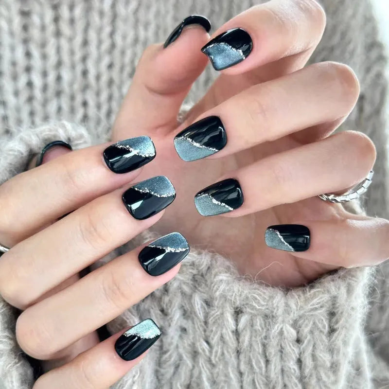 Glossy false nails with transparent pink French tip design showing 10 complete sets