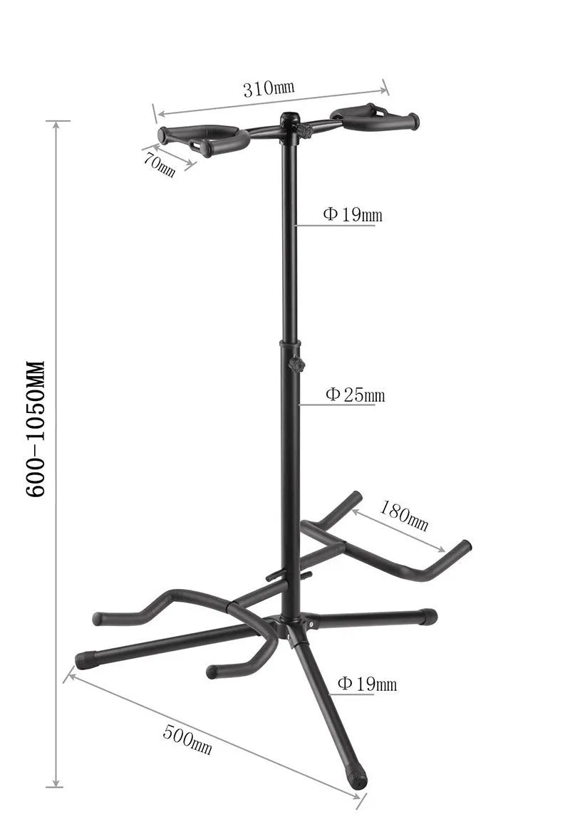 Black vertical double-headed adjustable iron guitar stand for western stringed instruments