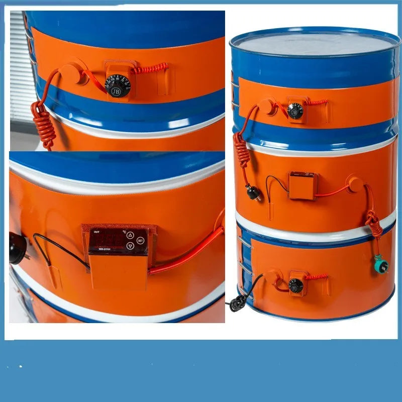 Silicone rubber heating belt wrapped around a 200-litre oil drum.