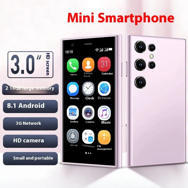 S23PRO XS15 mini smartphone with 3-inch screen in black, green, or pink purple colour options