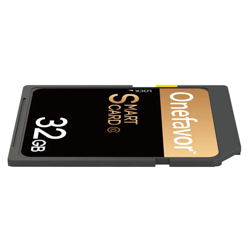 SD to PCMCIA adapter card with stainless steel housing for Mercedes-Benz cars next to a 32GB SDHC card