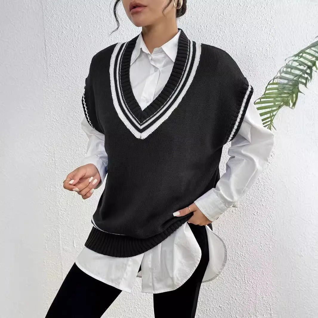 Women's college style acrylic wool vest sweater in loose fit pullover design