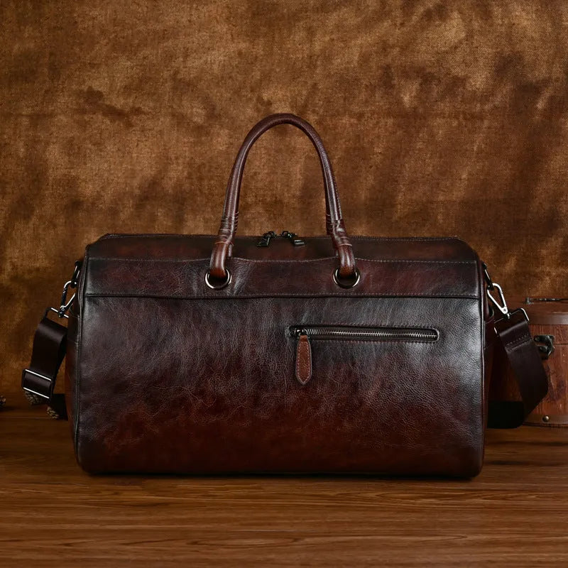 First layer cowhide leather retro handbag with below 20L capacity in brown colour