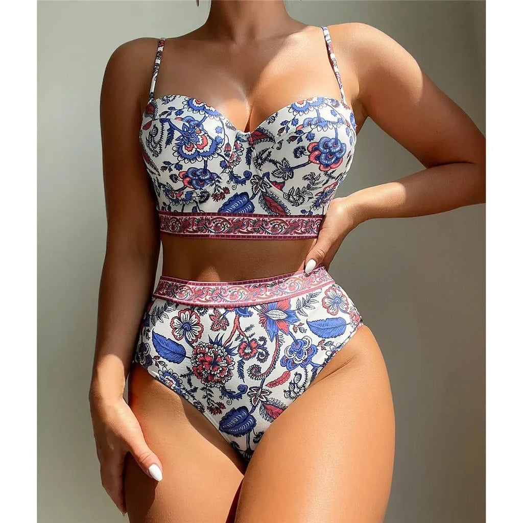 Blue women's high waist push-up bikini swimsuit with sleeveless design for swimming activities
