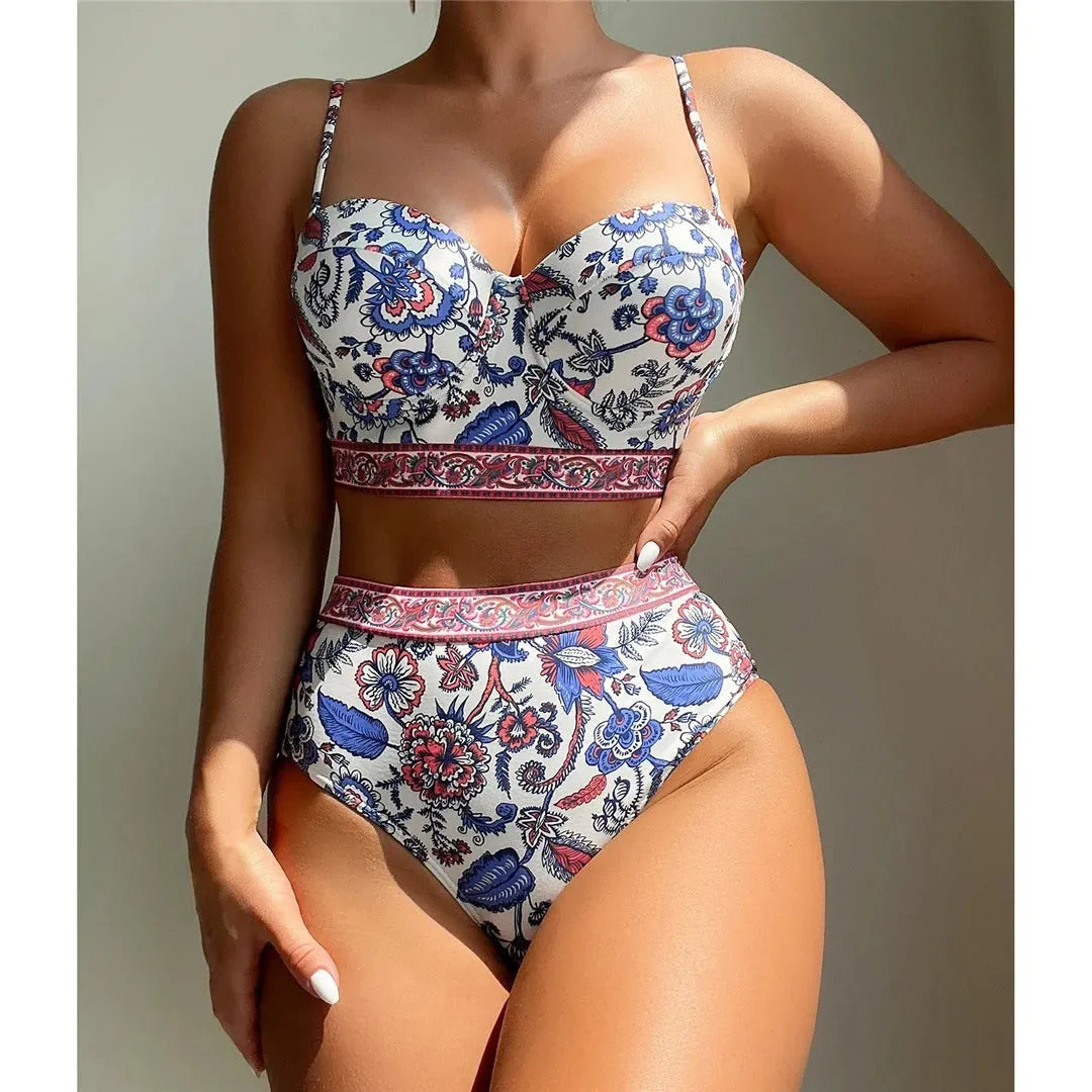 Blue women's high waist push-up bikini swimsuit with sleeveless design for swimming activities