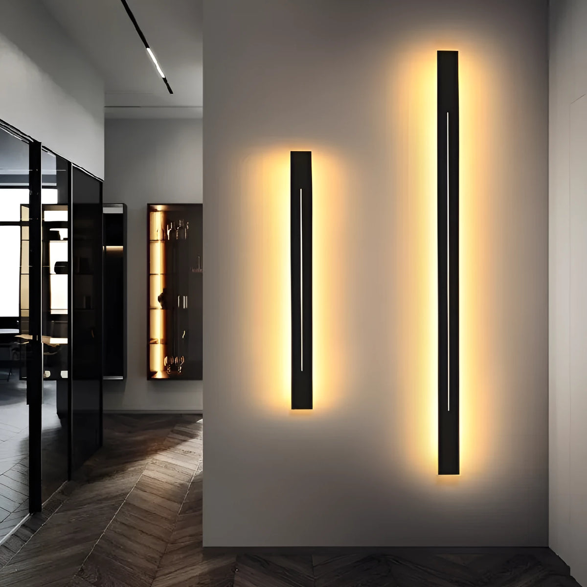 Indoor long strip wall light with 150 LED beads, wrought iron shell, 40-120cm, black or gold, 3000K warm light.